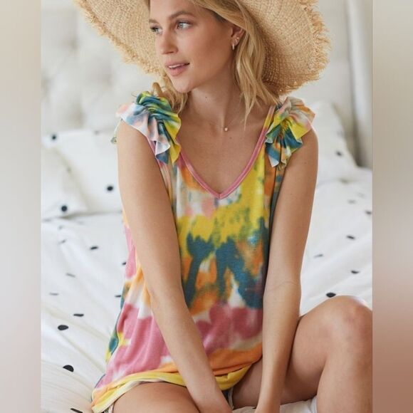 🤩SALE🤩 BiBi Tie Dye Knit V Neck Top Ruffle Strap Colorful Tank Top - Picture 1 of 8